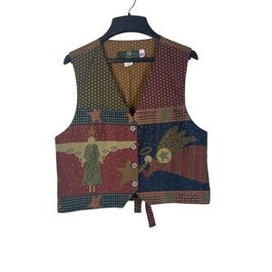 VTG Orvis 90s Tapestry Vest Womens L Made USA Patchwork Folk Angel Stars